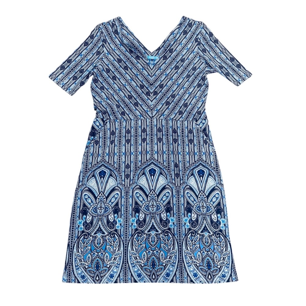 J.McLaughlin Shift Dress Womens‎ Large Blue Paisley V-Neck Pockets Classic